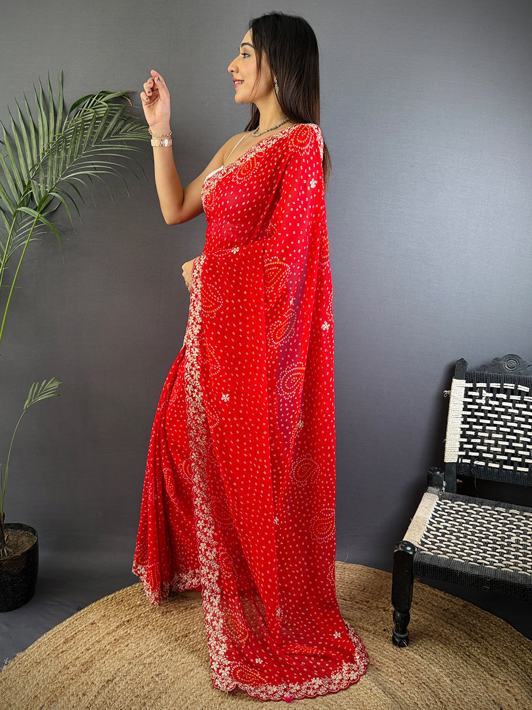 Red Soft Georgette Bandhej Print Saree by My Store
