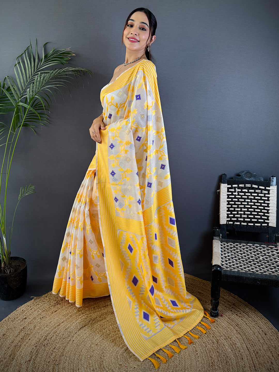 Elegant Yellow Soft Cotton Silk Jamdani Saree by My Store