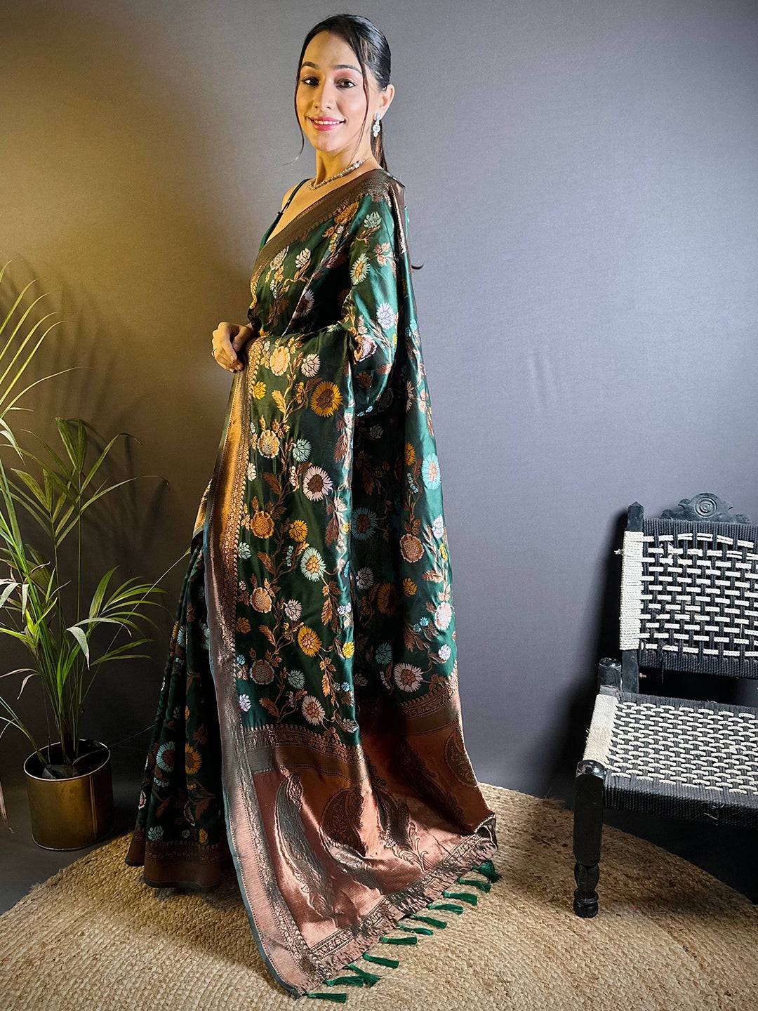Deep Green Banarasi Silk Zari Butta Saree by My Store
