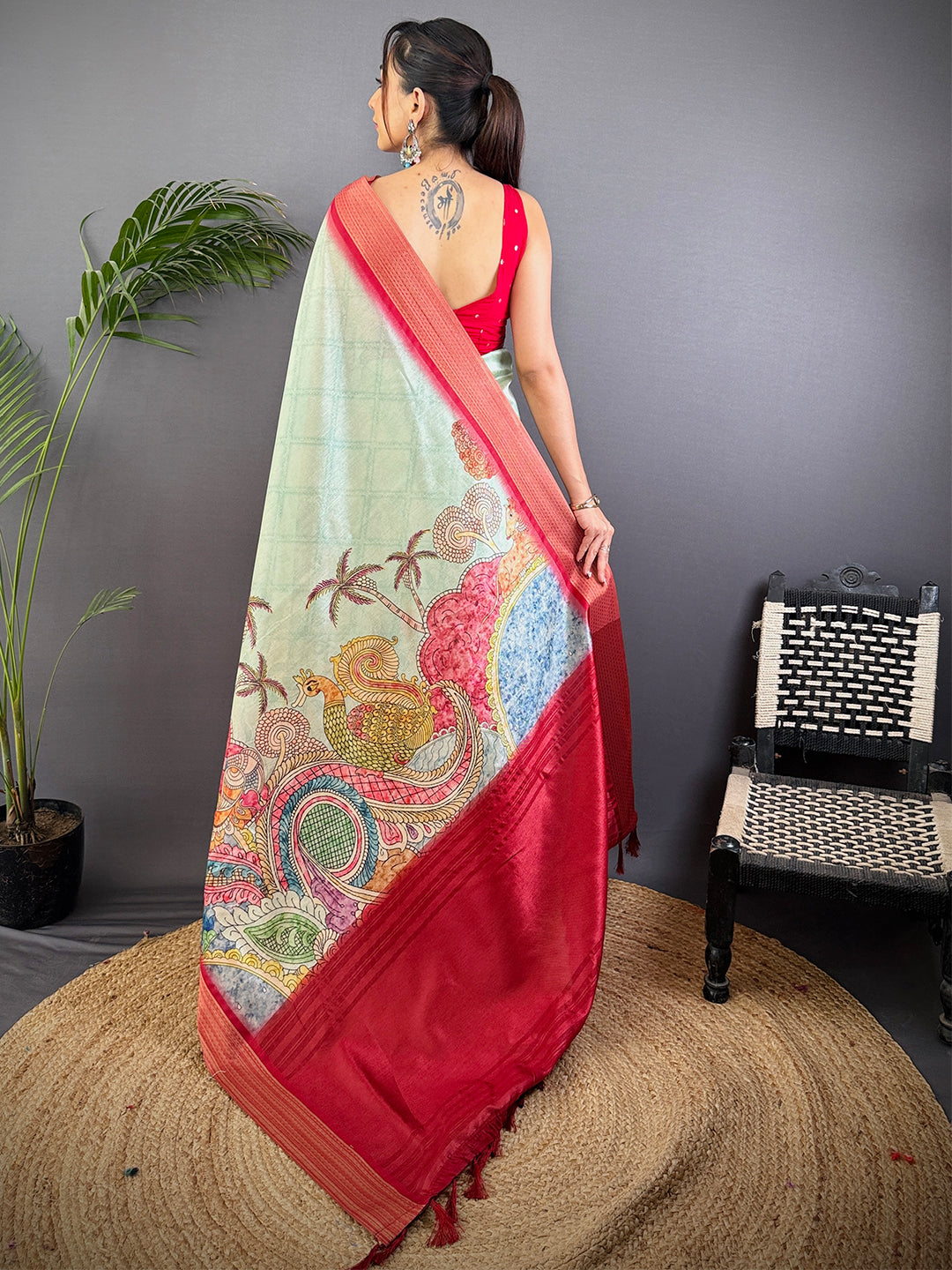 Turquoise Blue Tussar Silk Kalamkari Print Saree