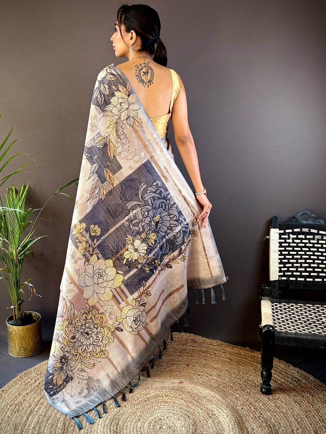 Stone Blue Tussar Floral Saree by My Store