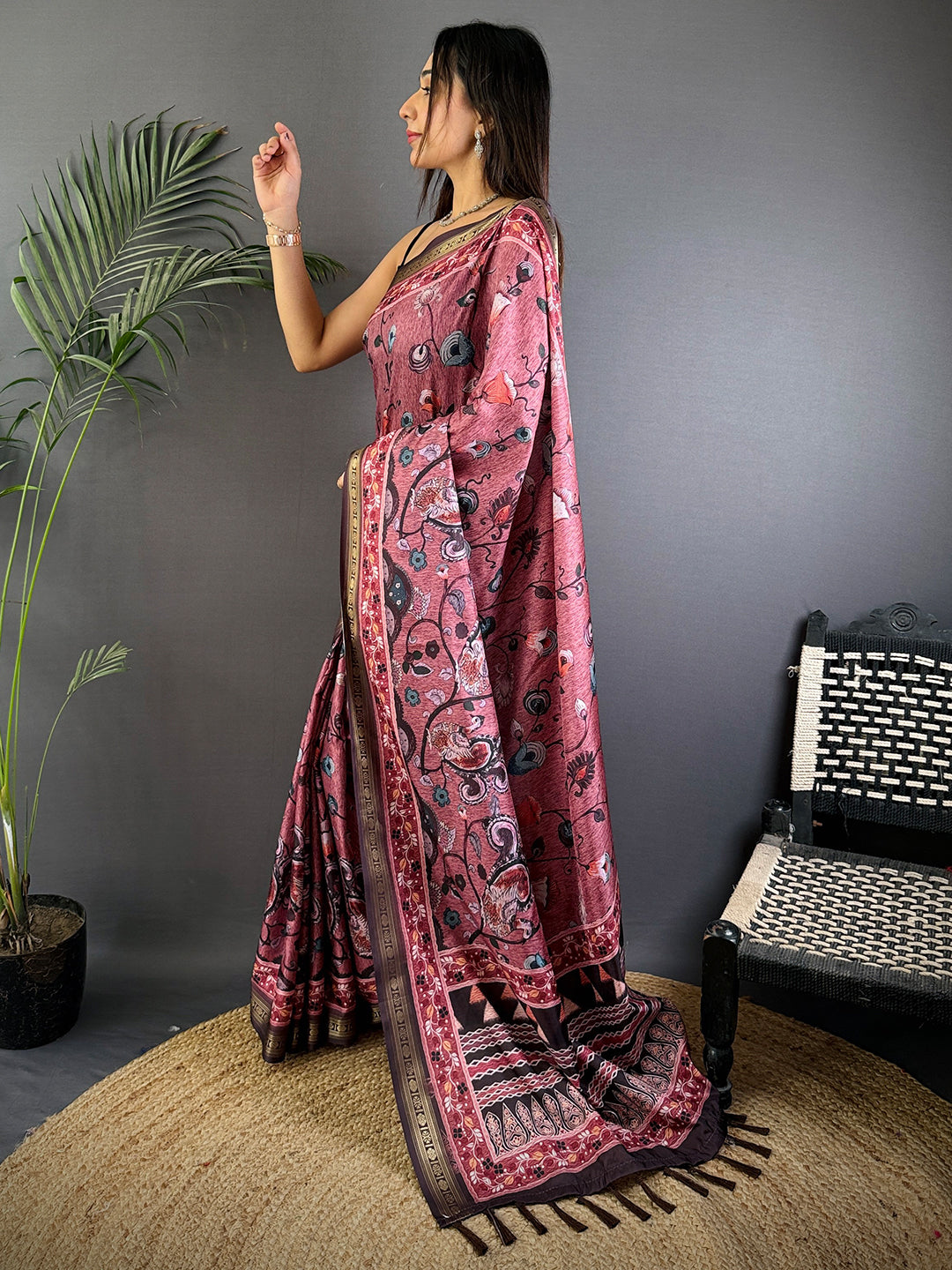 Wine Floral Grace Soft Silk Saree