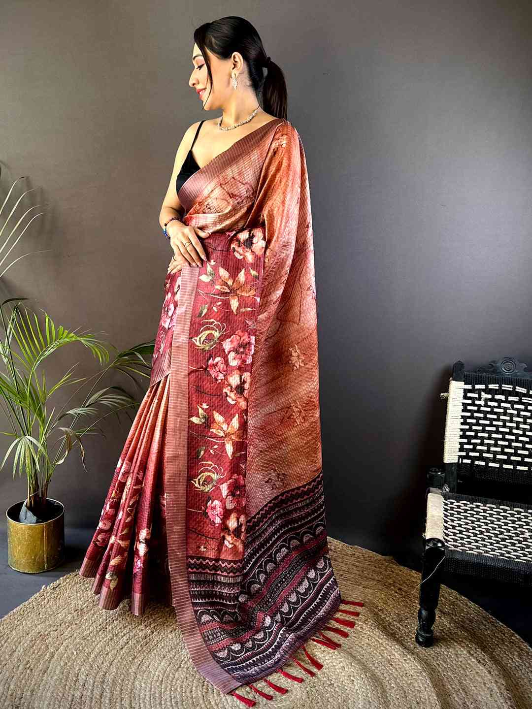 Rust Brown Tissue Chanderi Digital Check Saree by My Store