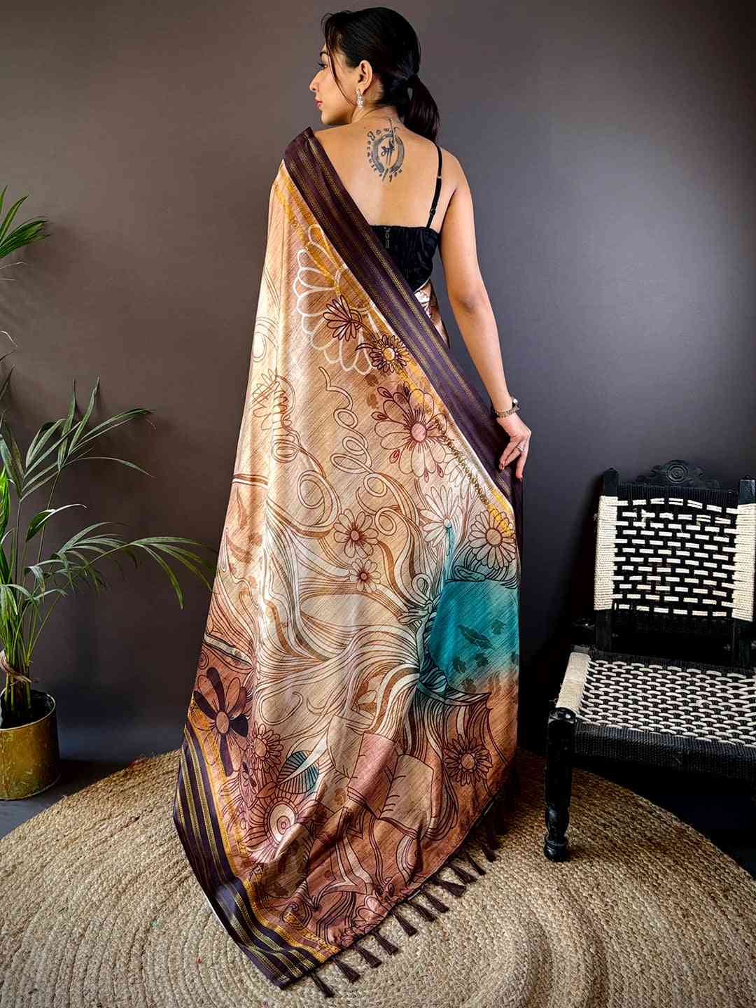 French Beige Soft Silk Abstract Geometric Saree by My Store