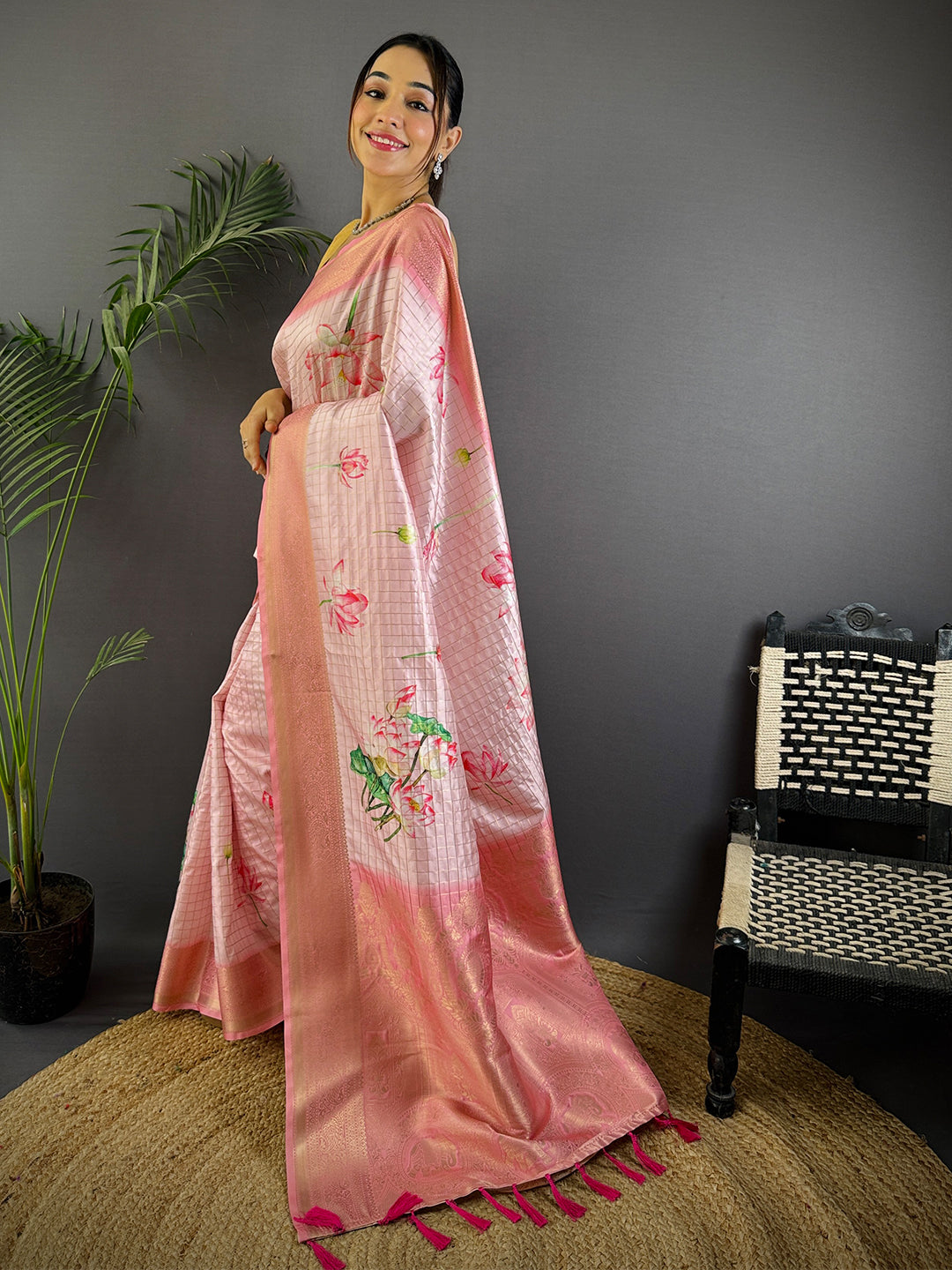 Rose Pink Banarasi Silk Digital Printed Saree by My Store
