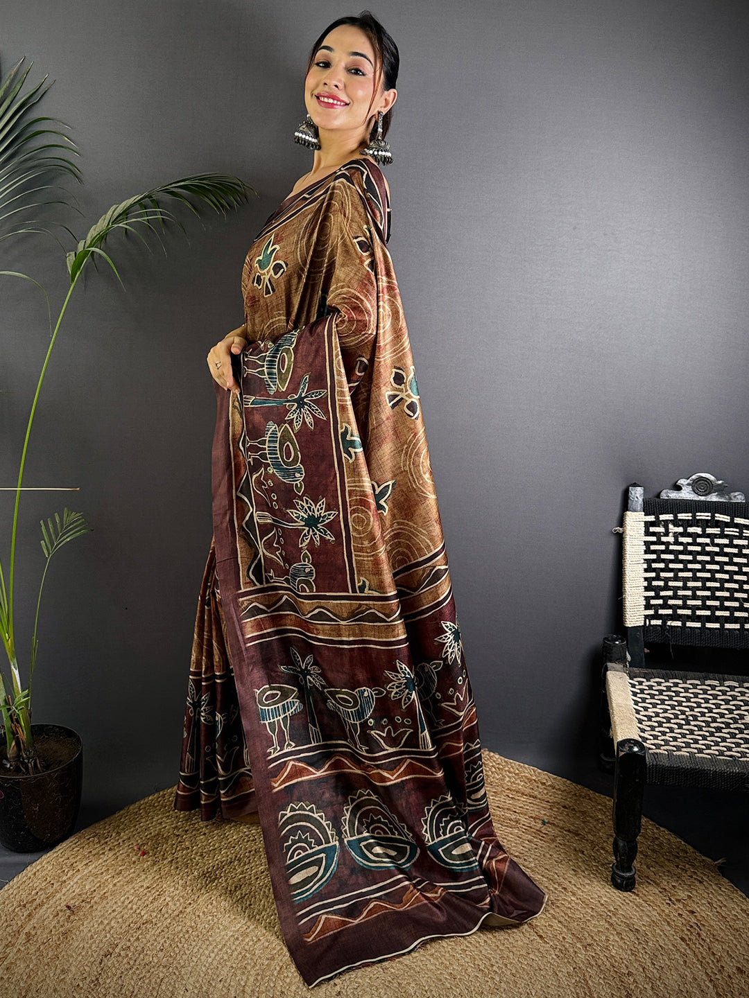 Brown Soft Dola Silk Printed Saree by My Store