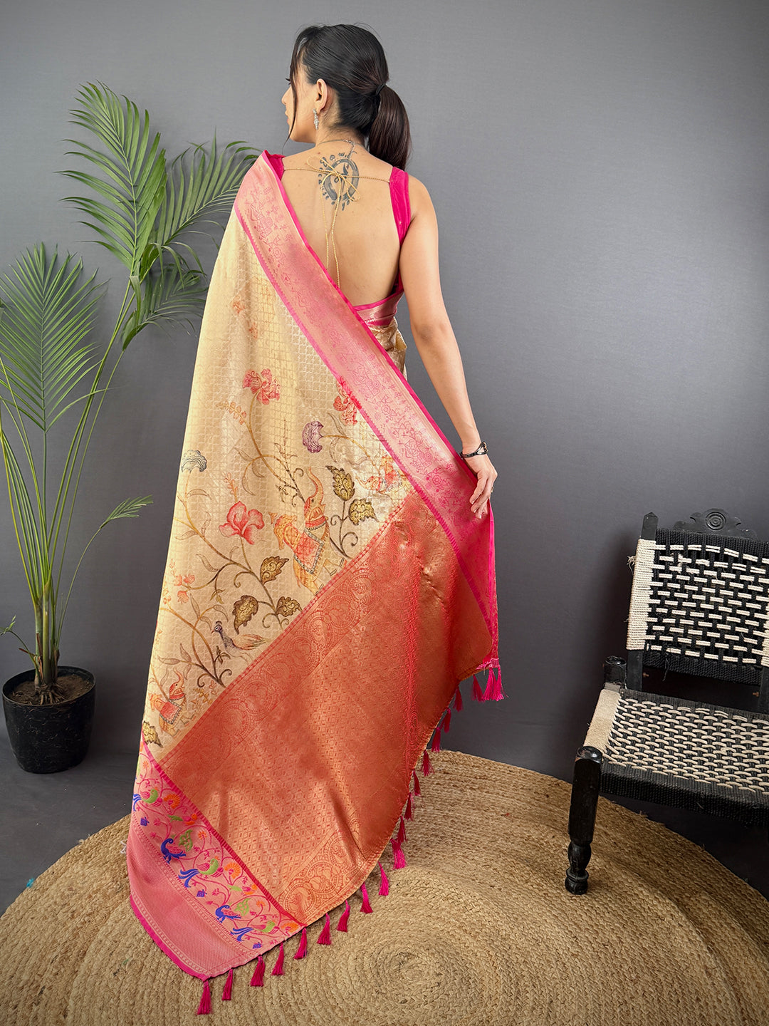 Elegant Kora Muslin Floral Kalamkari Saree by My Store