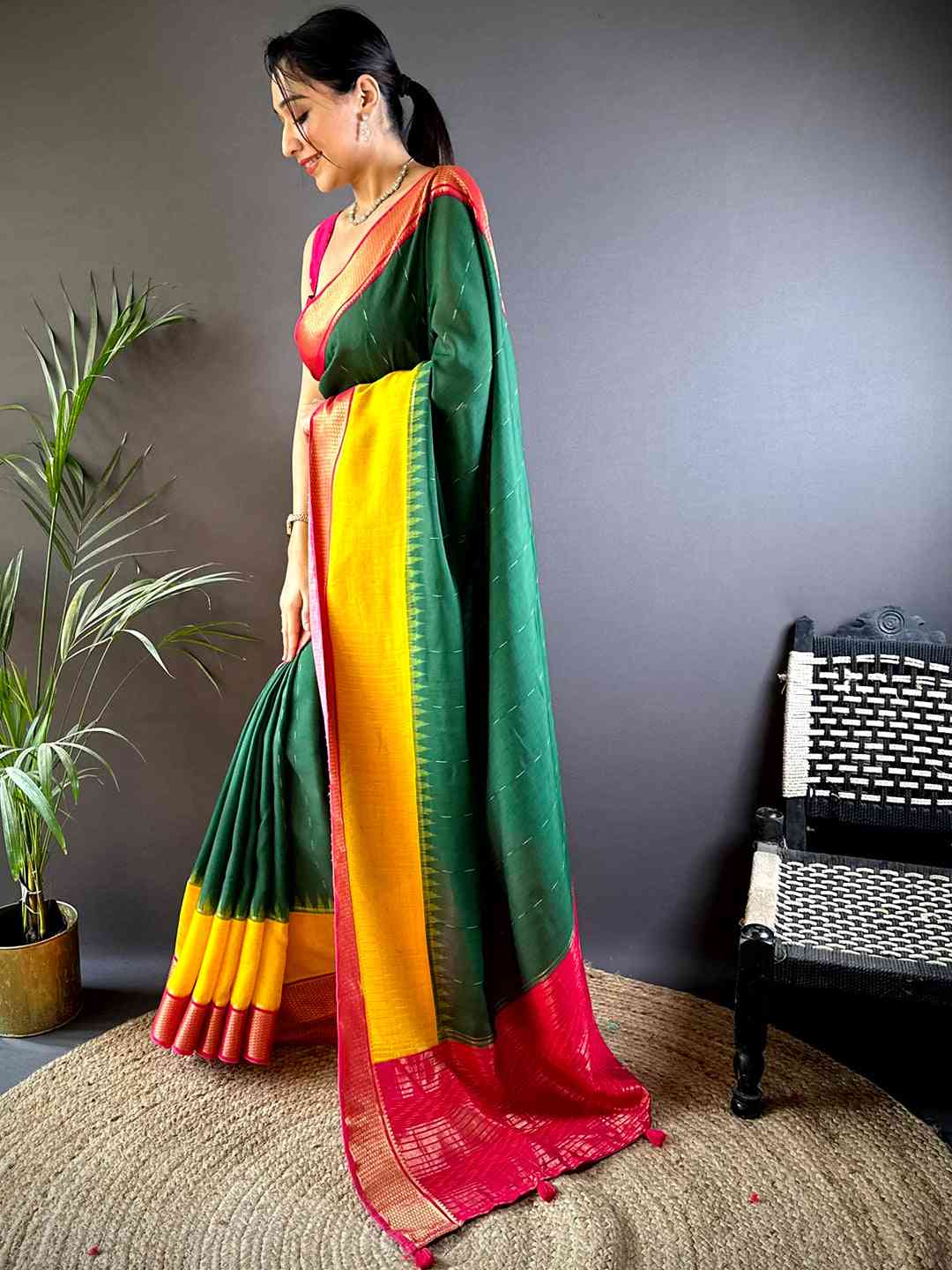 Green Zari Pallu Cotton Viscose Saree by My Store