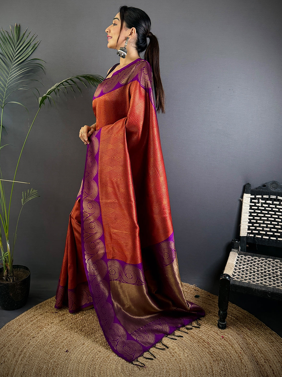 Rust Orange Banarasi Katan Silk Saree