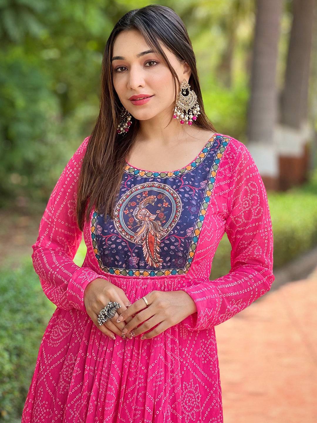Deep Pink Bandhej Print Dress by My Store