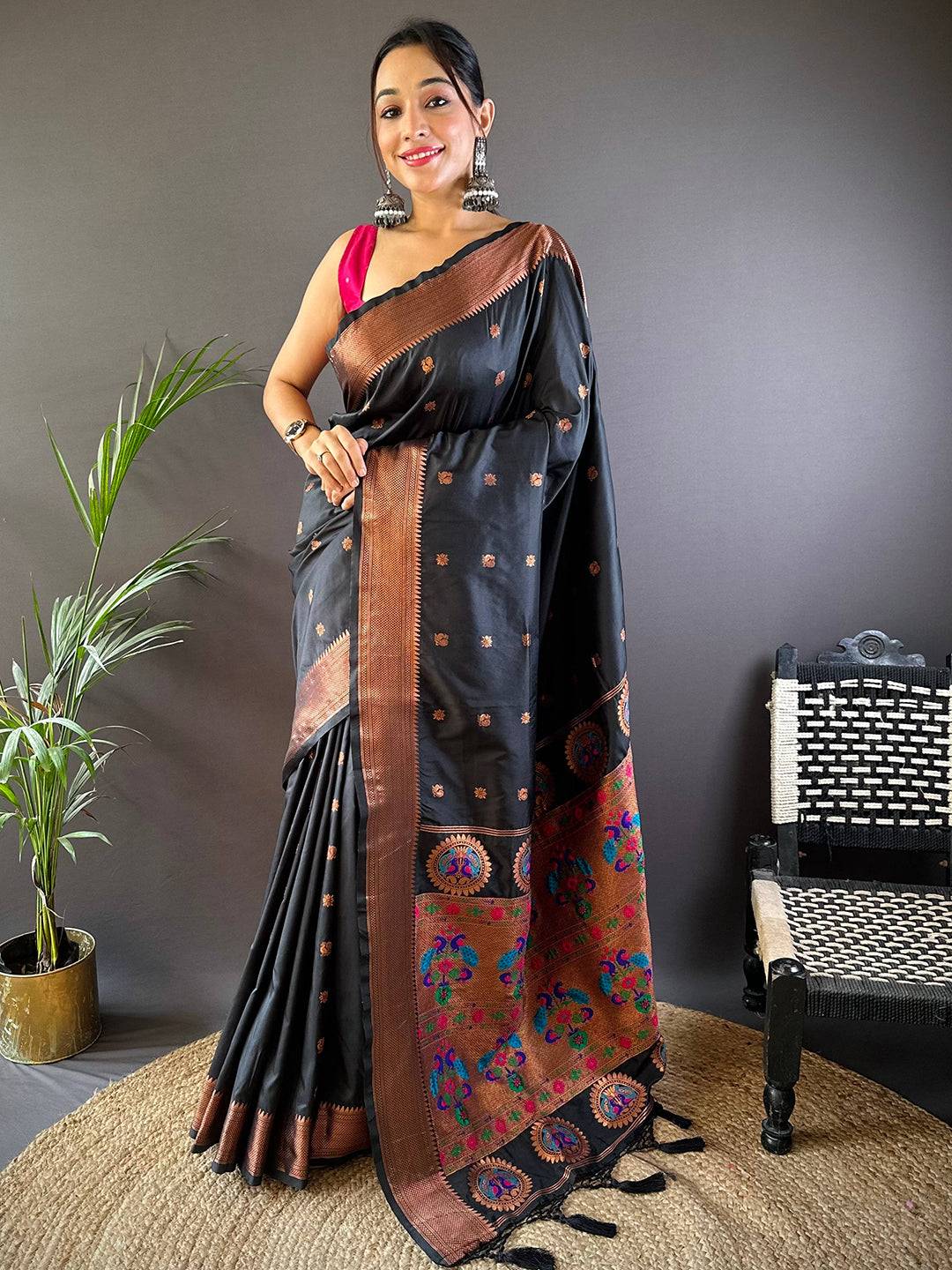 Raven Black Copper Elegance Soft Silk Saree by My Store