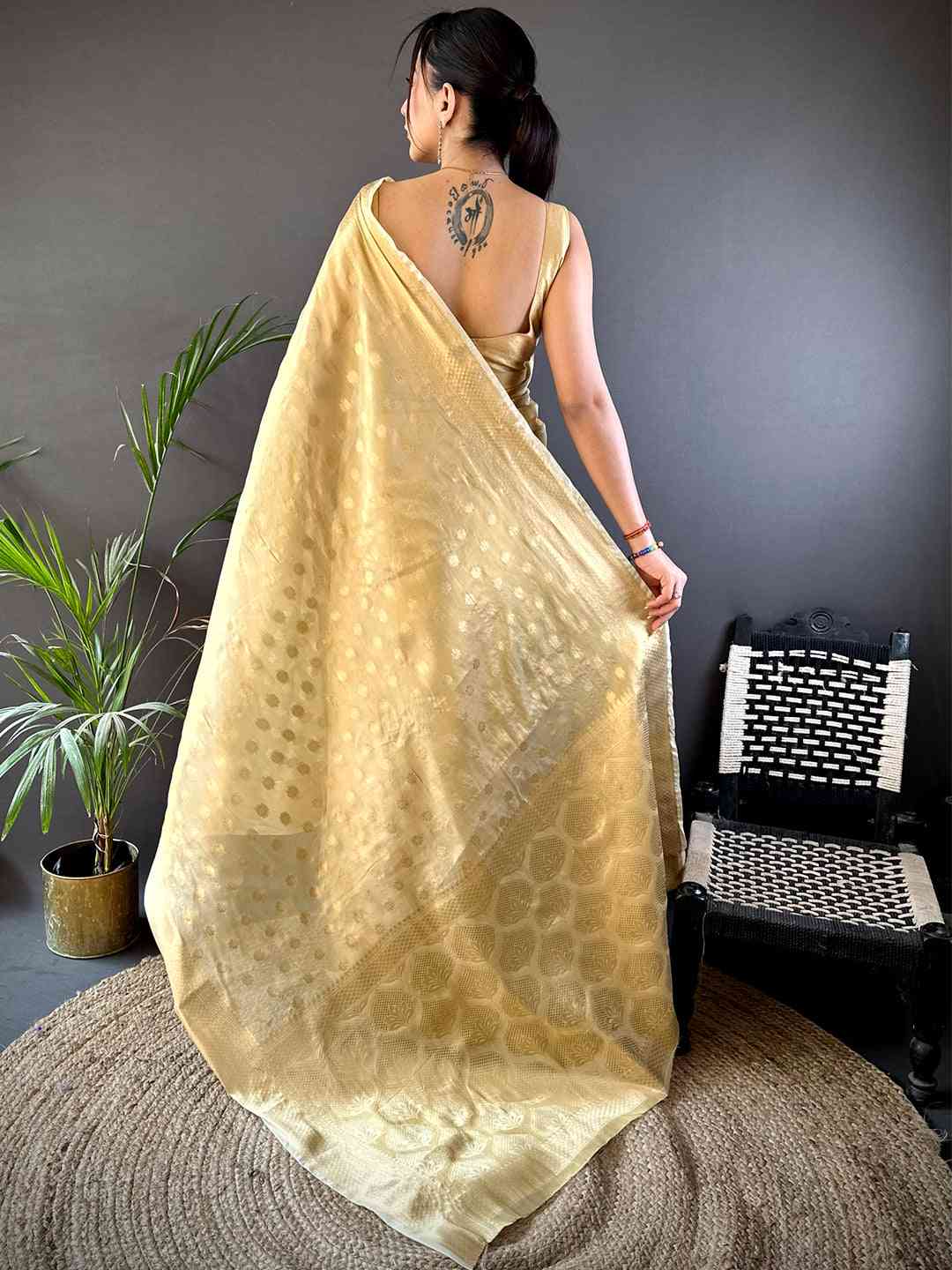 Elegant Gold Zari Glass Tissue Saree by My Store