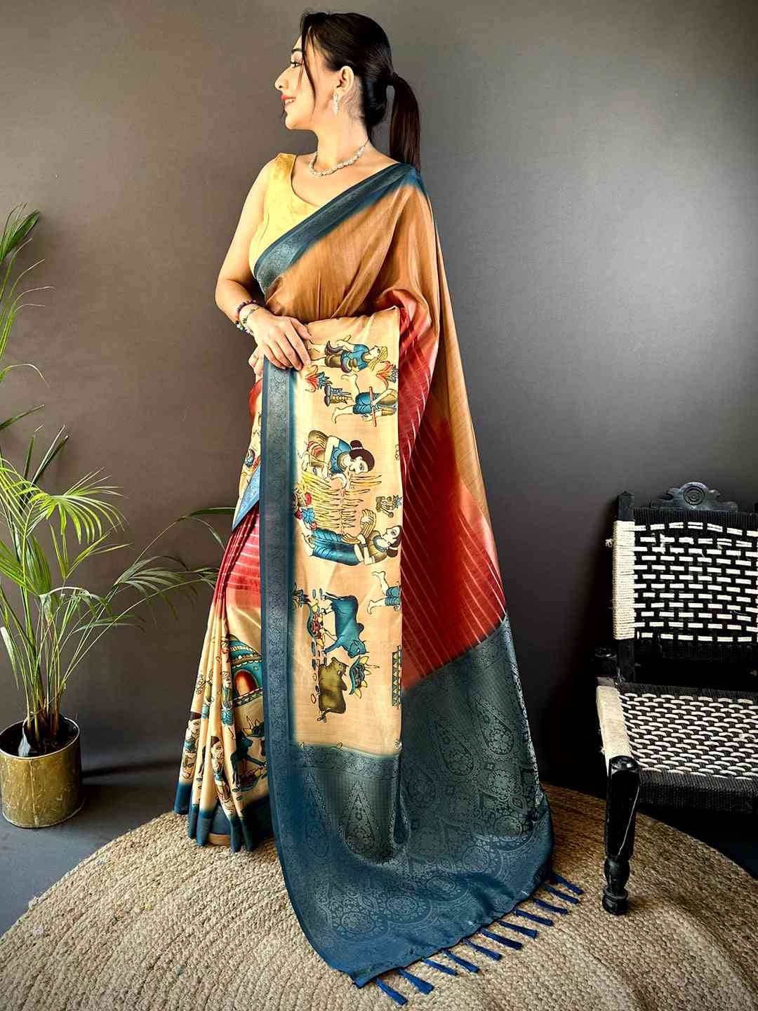 Coffee Brown Kalamkari Ombre Soft Silk Saree by My Store