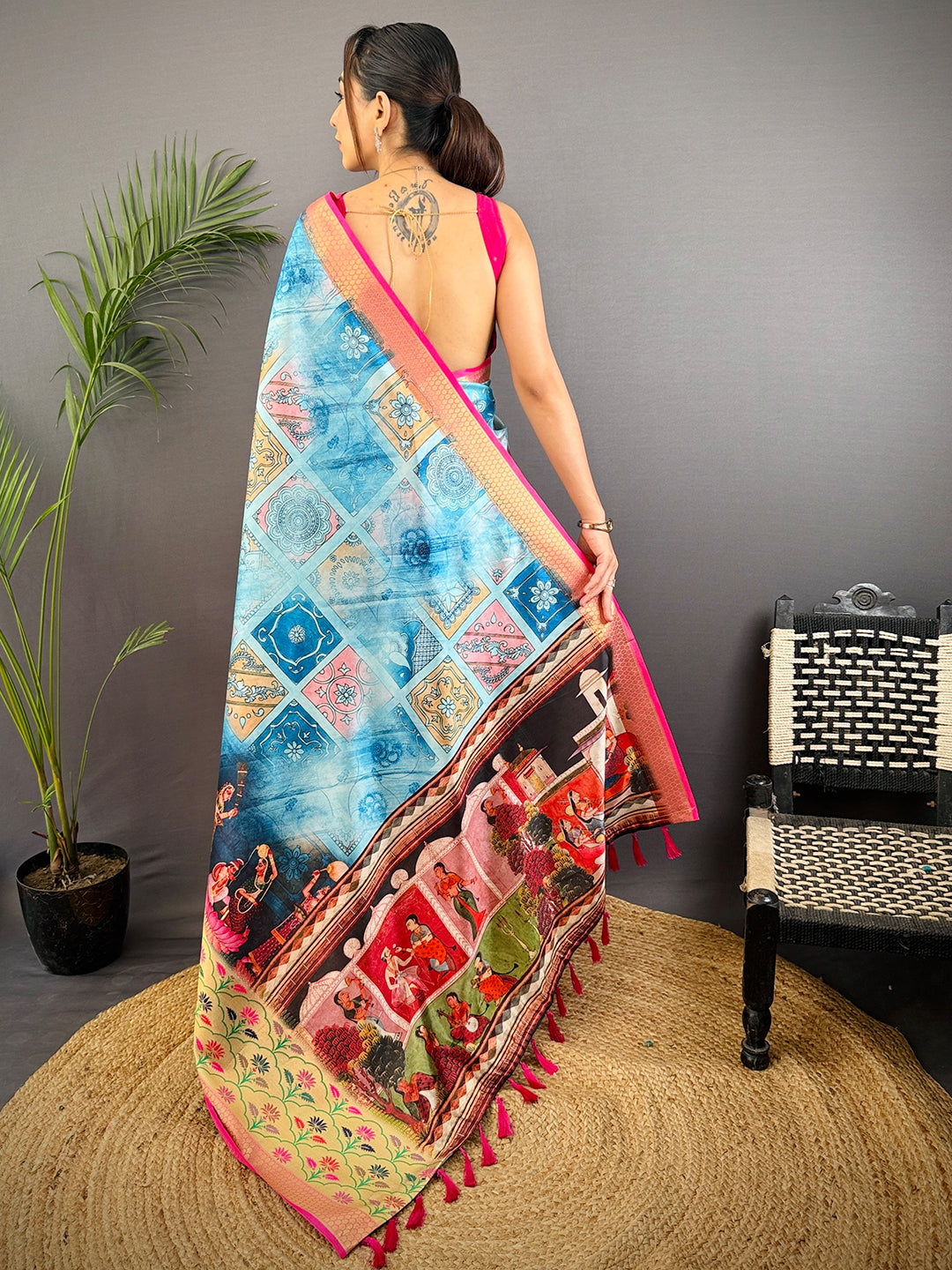 Sky Blue Freehand Digital Print Soft Silk Saree by My Store