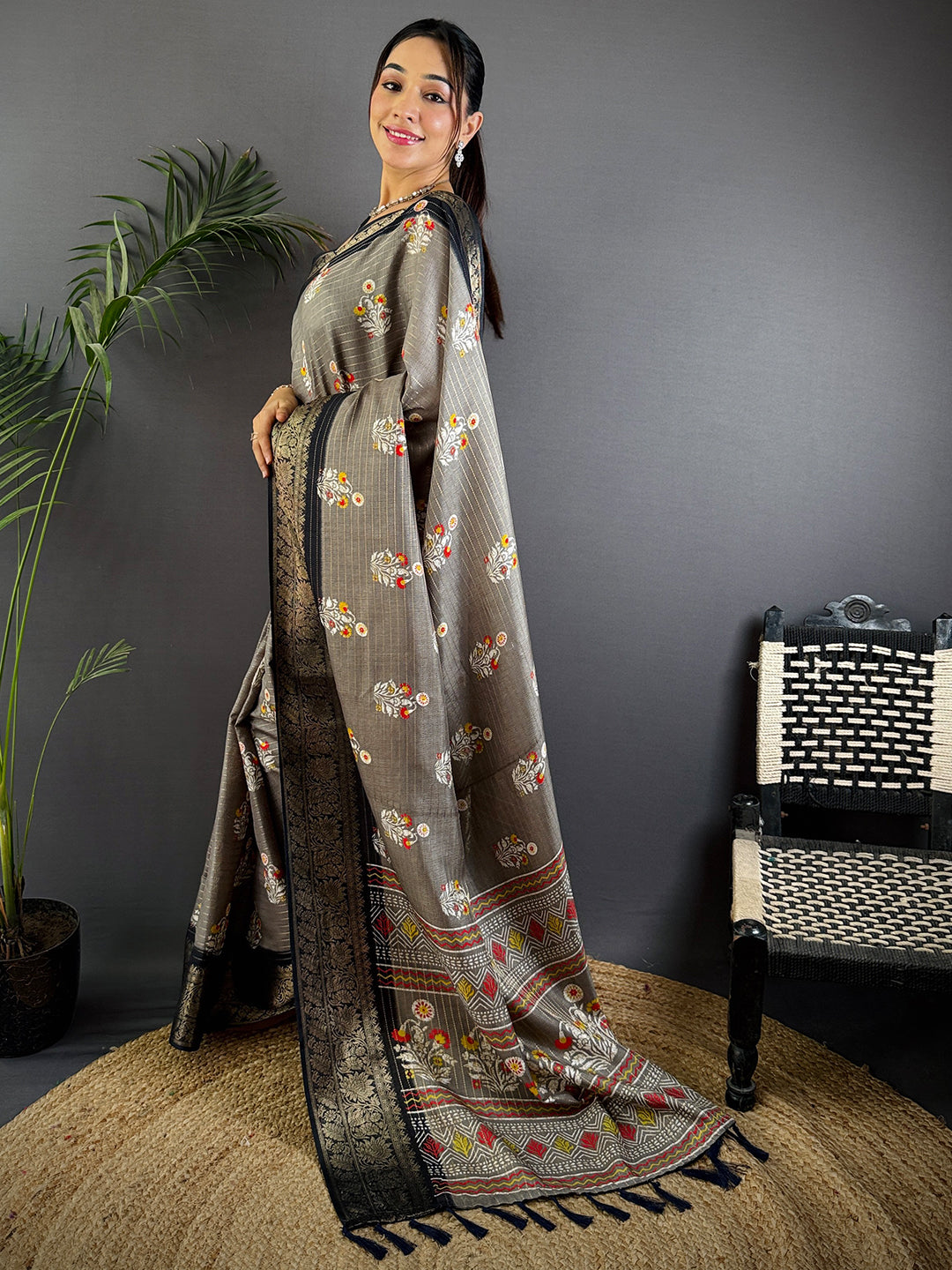Grey Dola Silk Ajrakh Saree by My Store