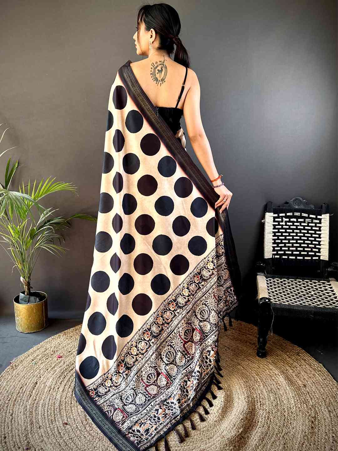Cream Soft Silk Polka Dot Print Saree by My Store