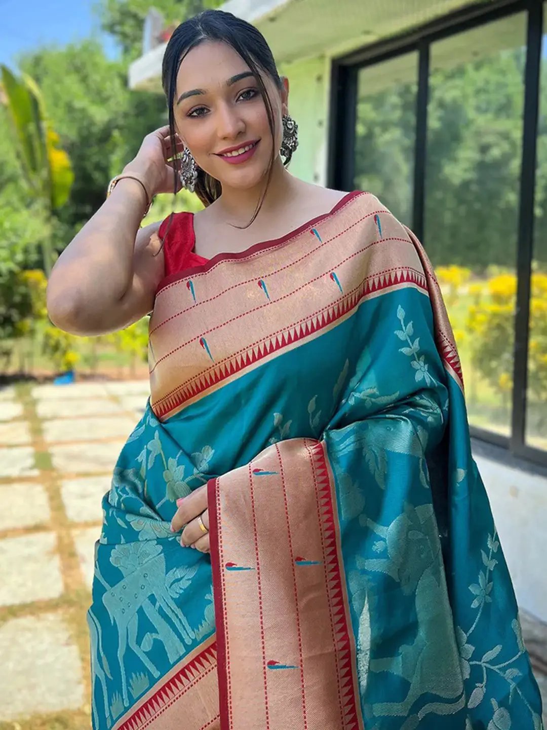 Teal Colour Paithani Silk Pichwai Woven Saree by My Store