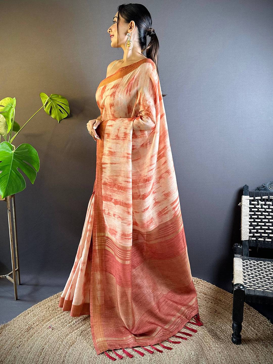 Rust Shibori Print Linen Saree by My Store