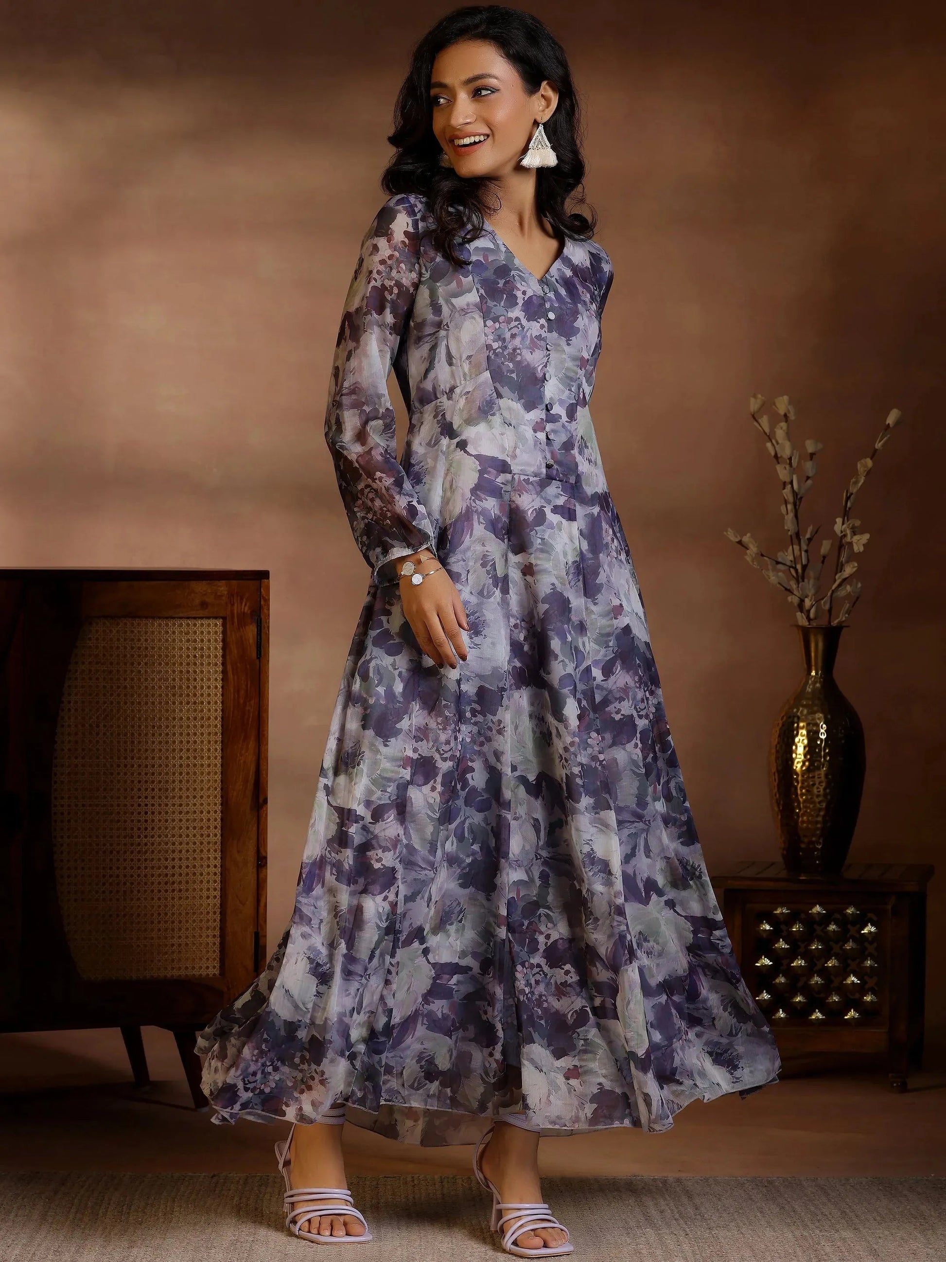 Grey Printed Polyester A-Line Dress by My Store
