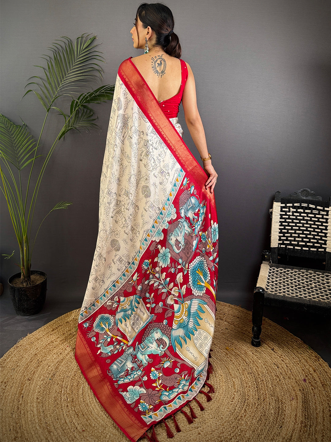 Red Dola Silk Pen Kalamkari Print Saree by My Store