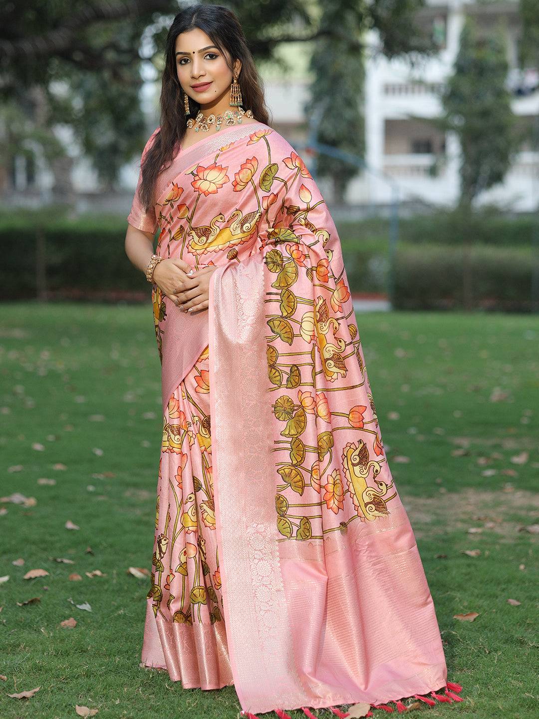 Pink Pure Viscose Dola Silk Saree With Pichwai And Mughal Print - Luxe by My Store