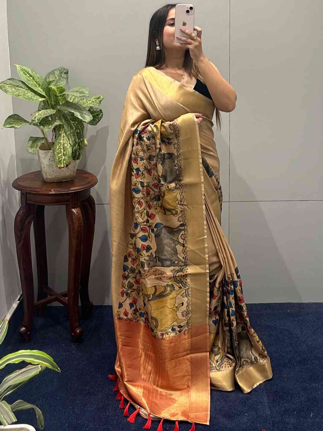 Incredible Pen Kalamkari Linen Tissue Soft Saree by My Store