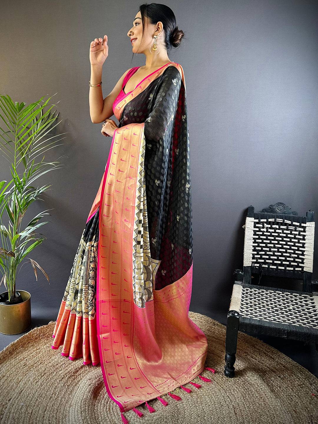 Kora Silk Paithani Kalamkari Saree by My Store