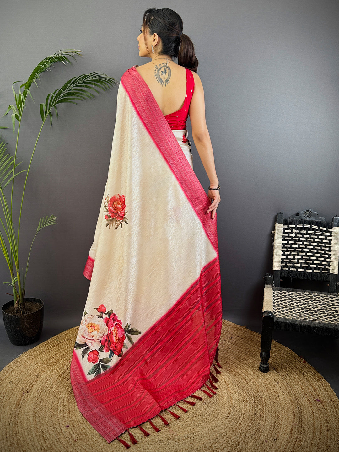 Off White Digital Print Soft Dola Silk Saree by My Store