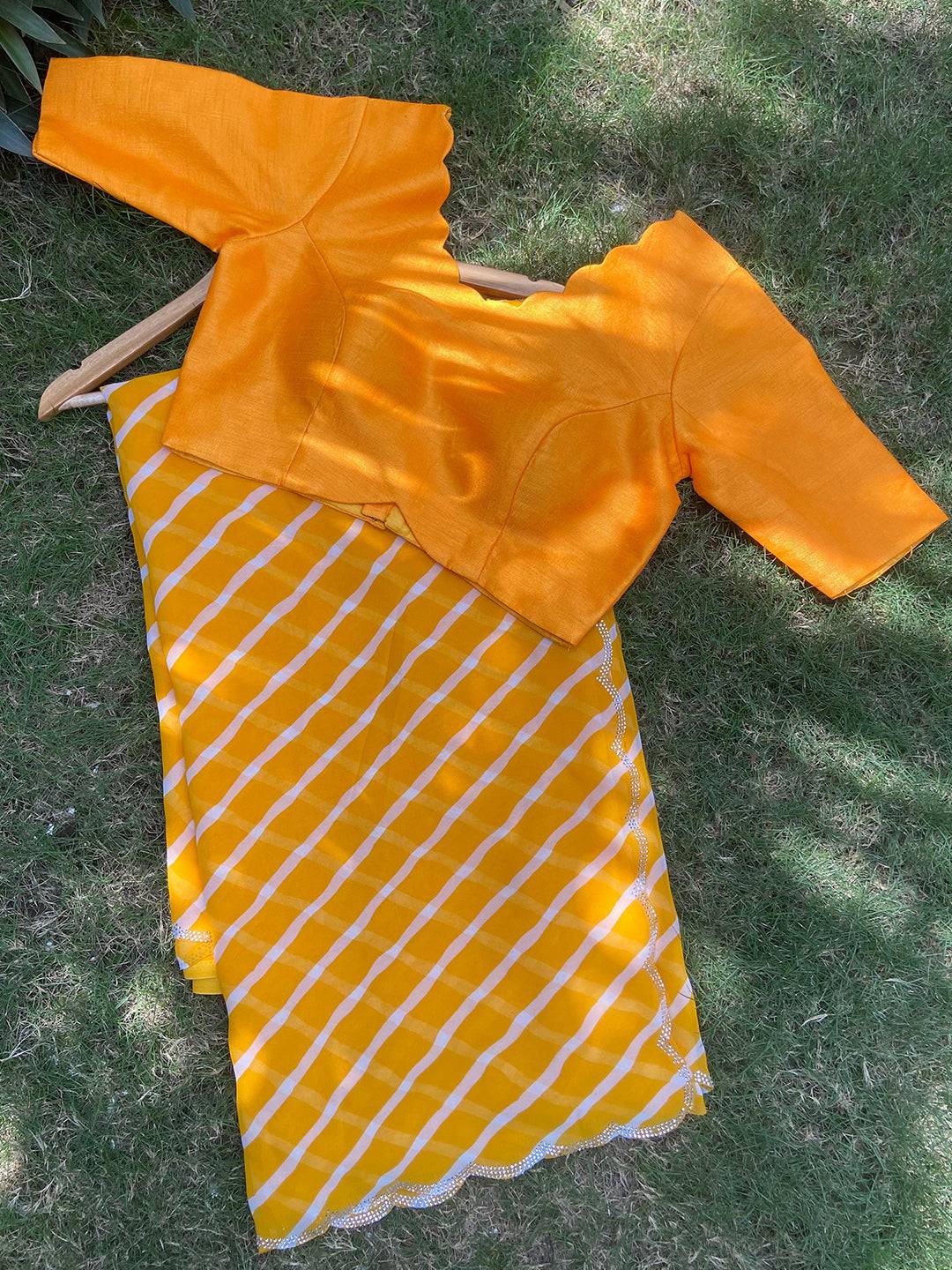 Yellow Pure Georgette Leheriya Print Swaroski Cut Work Border Saree