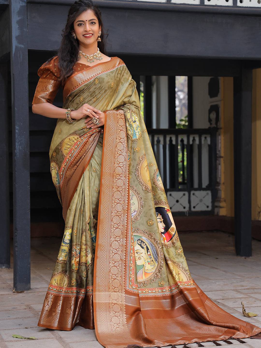 Pure Viscose Dola Silk Saree With Zari Weaving Pallu In Olive Colour - Luxe by My Store