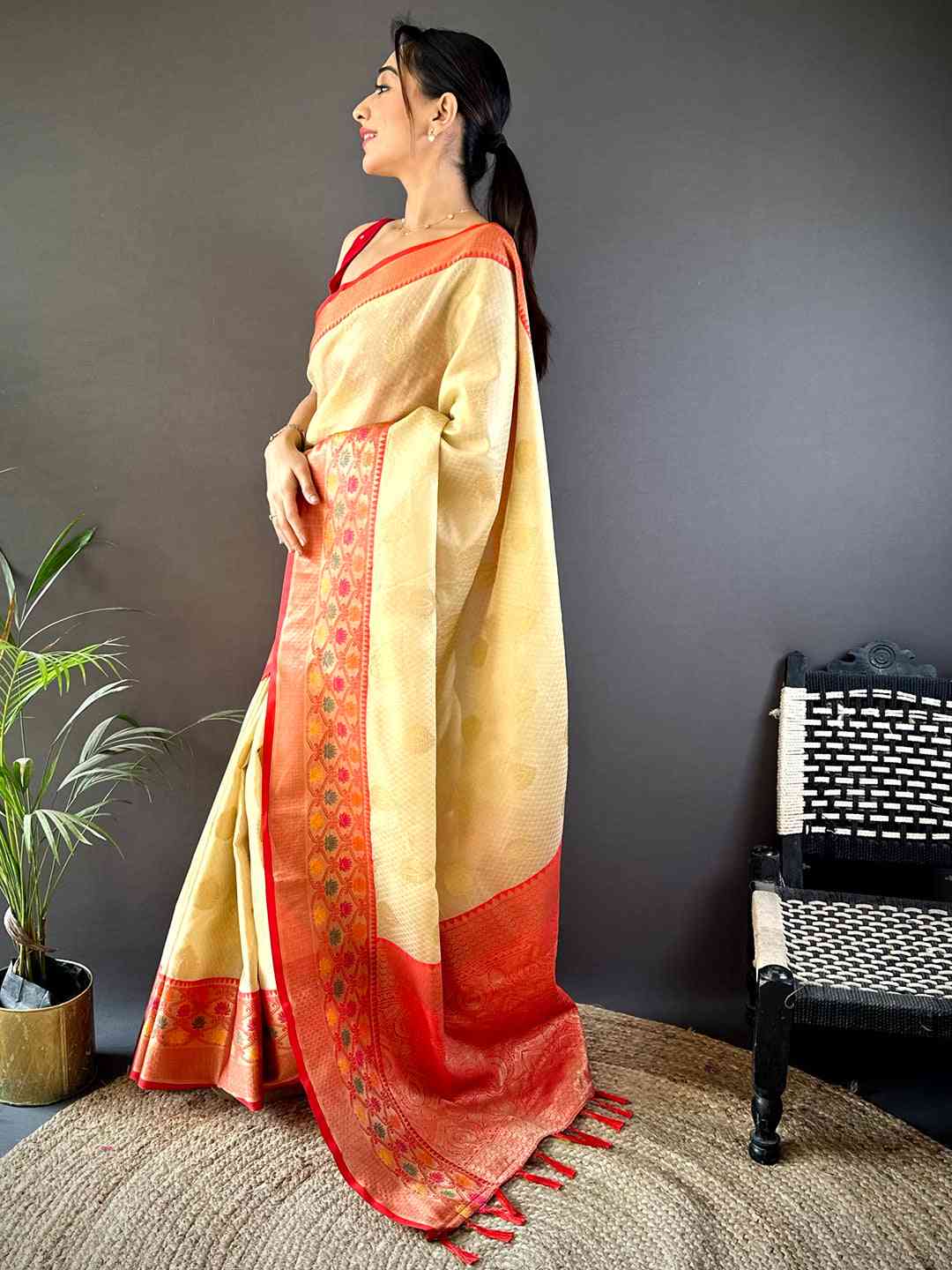 Cream Banarasi Silk Minakari Kanchi Border Saree by My Store