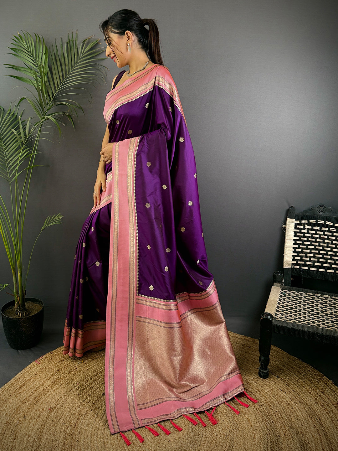 Vibrant Wine Soft Silk Floral Butta Saree