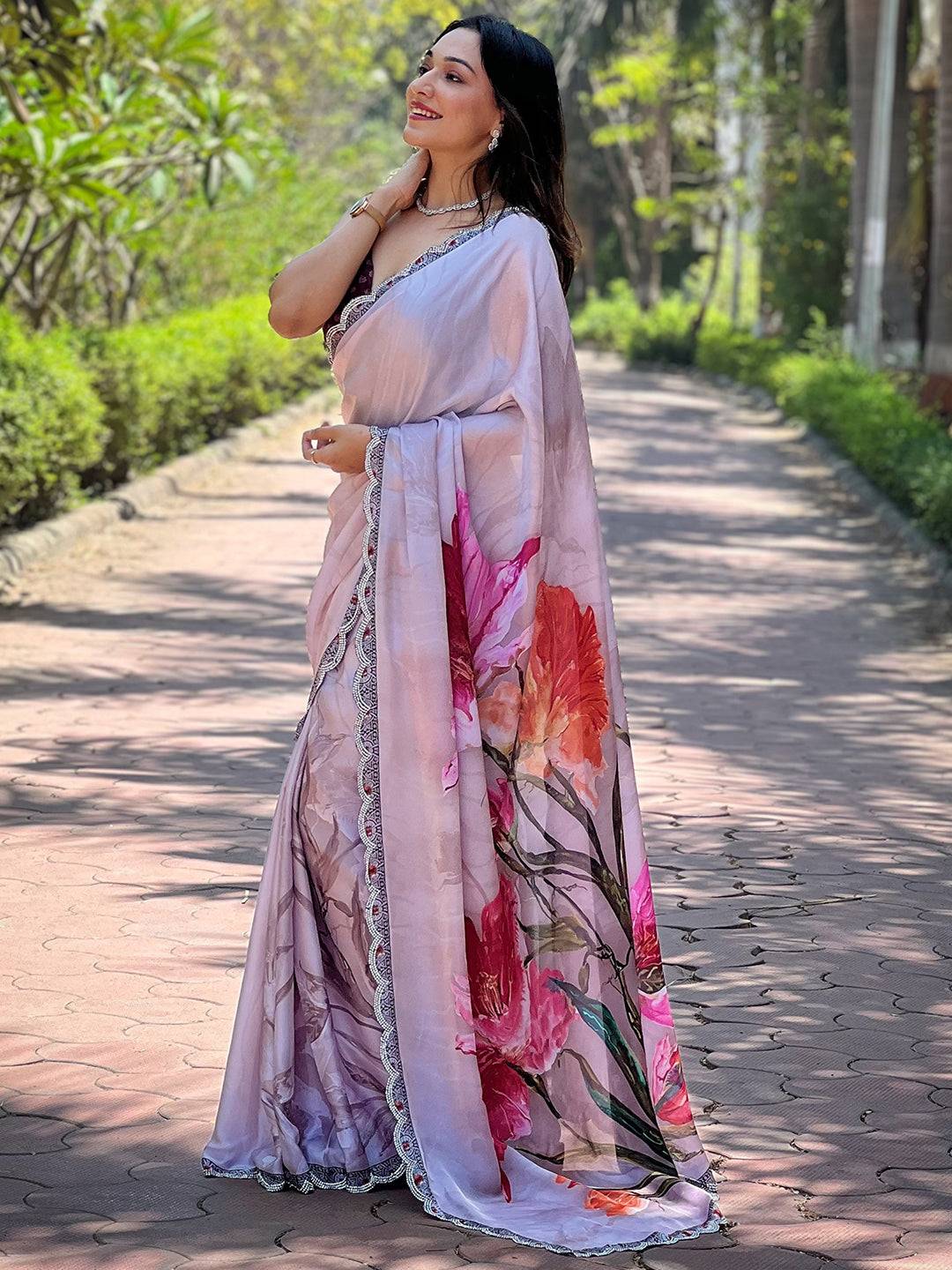 Grey Satin Georgette Floral Print Saree by My Store