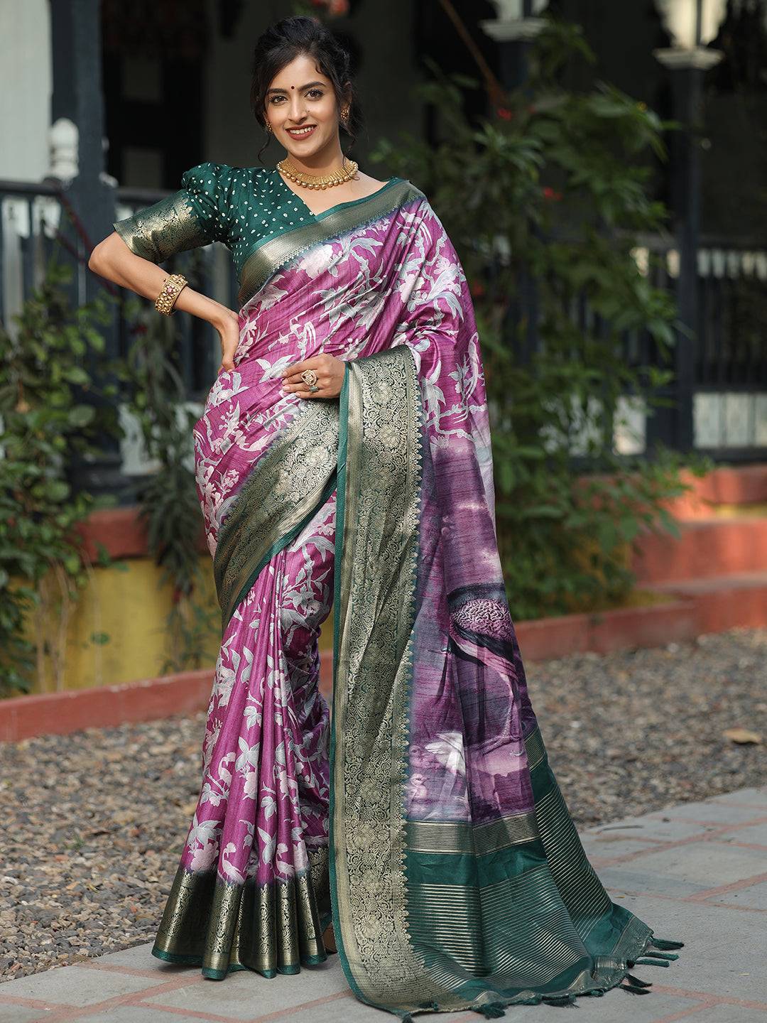 Viscose Dola Silk Purple Colour Saree with Floral and Mughal Print - Luxe