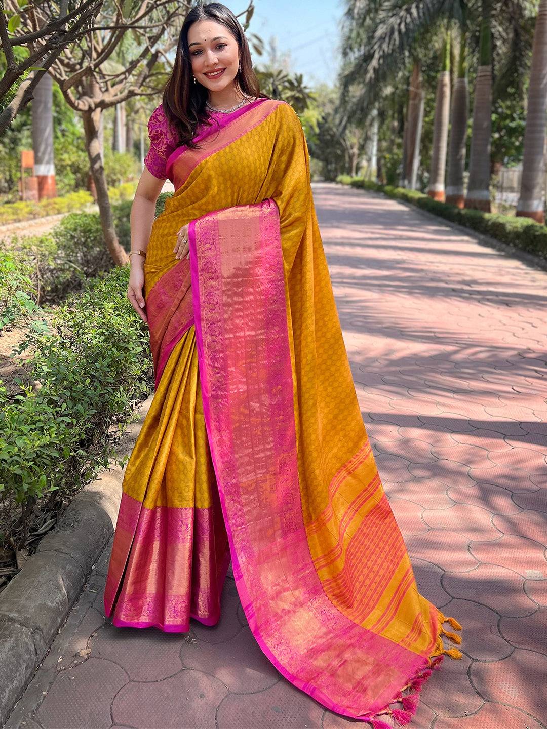 Mustard Colour Kanjivaram Aura Soft Silk Saree With Broced Zari Blouse by My Store