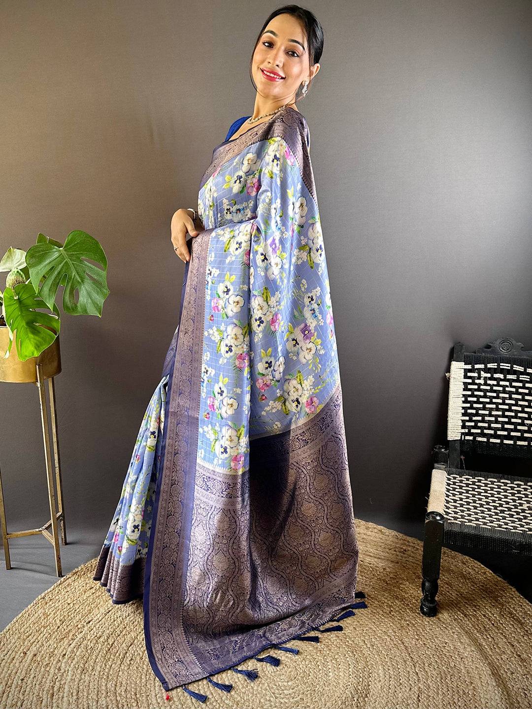 Serene Steel Blue Floral Elegance Saree by My Store