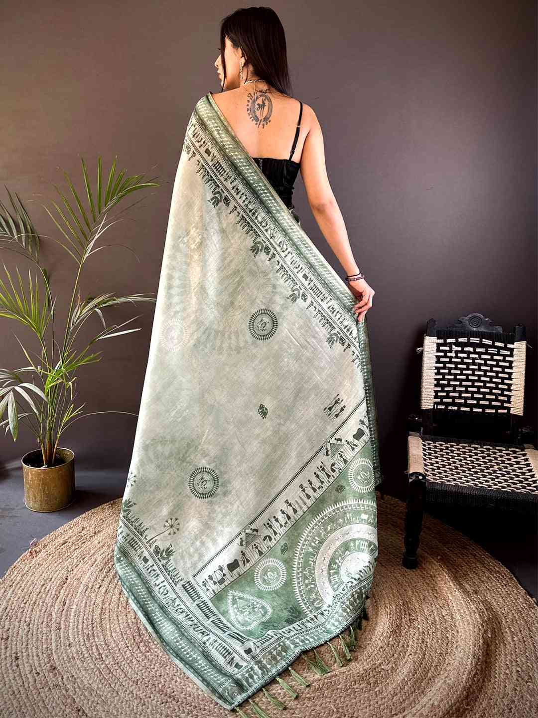 Sage Green Warli Art Tissue Chanderi Saree by My Store