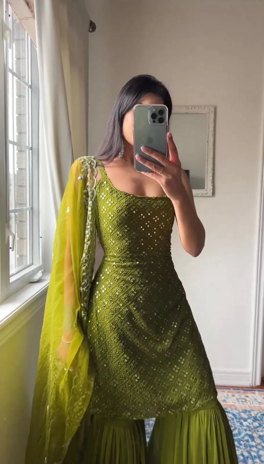 Green Embroidered Kurta And Sharara Suit Set with Dupatta by My Store