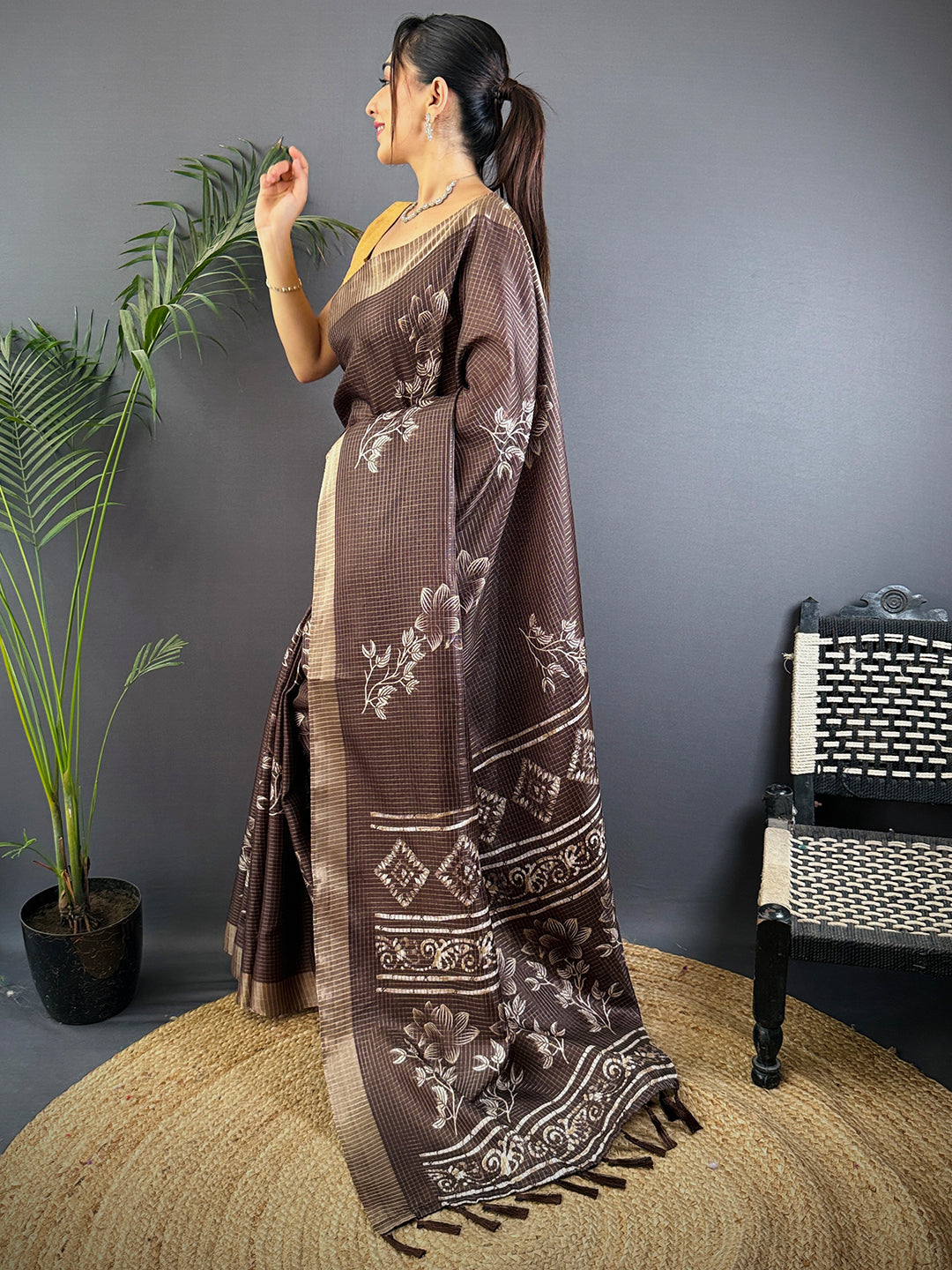 Floral Printed Coffee Brown Chanderi Saree