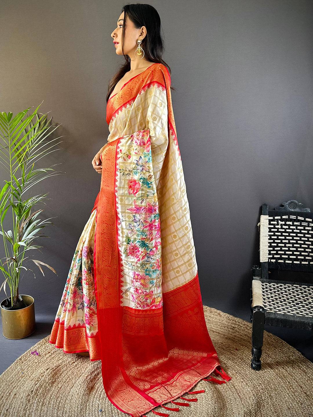 Red Floral Bloom Kovai Rettapet Saree by My Store