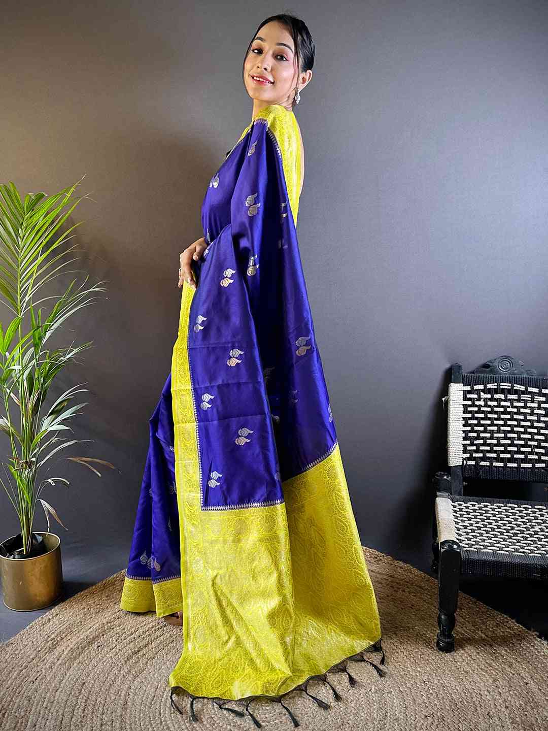 Elegant Purple Silk Saree with Gold Zari Accents by My Store