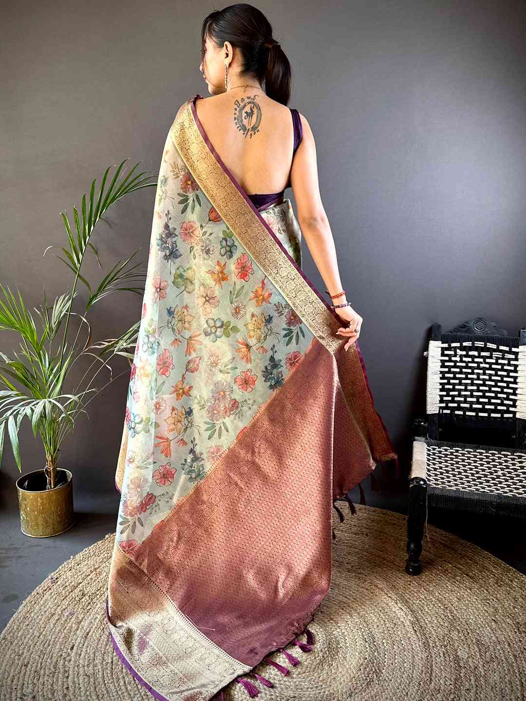 Fern Green Floral Gold Zari Tissue Saree by My Store