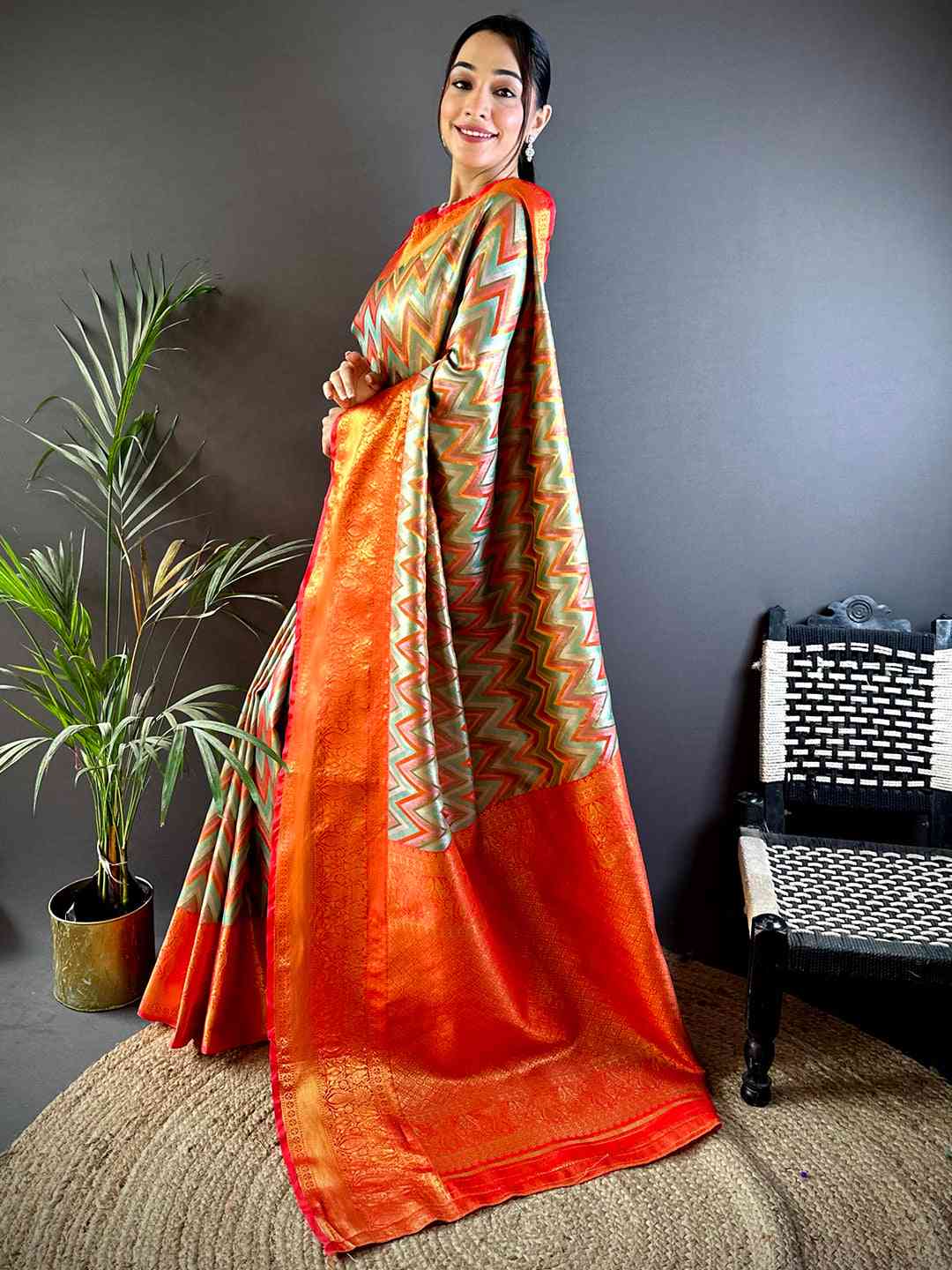 Regal Red Zigzag Dharmavaram Silk Saree by My Store