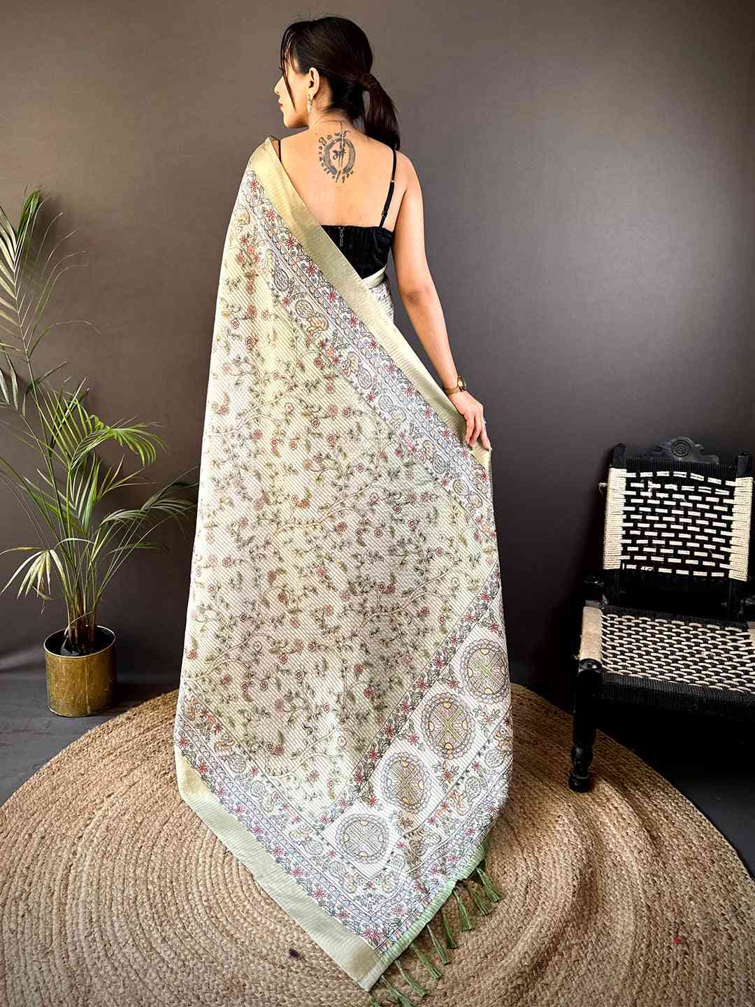 Sage Green Chanderi Madhubani Black Chex Saree by My Store