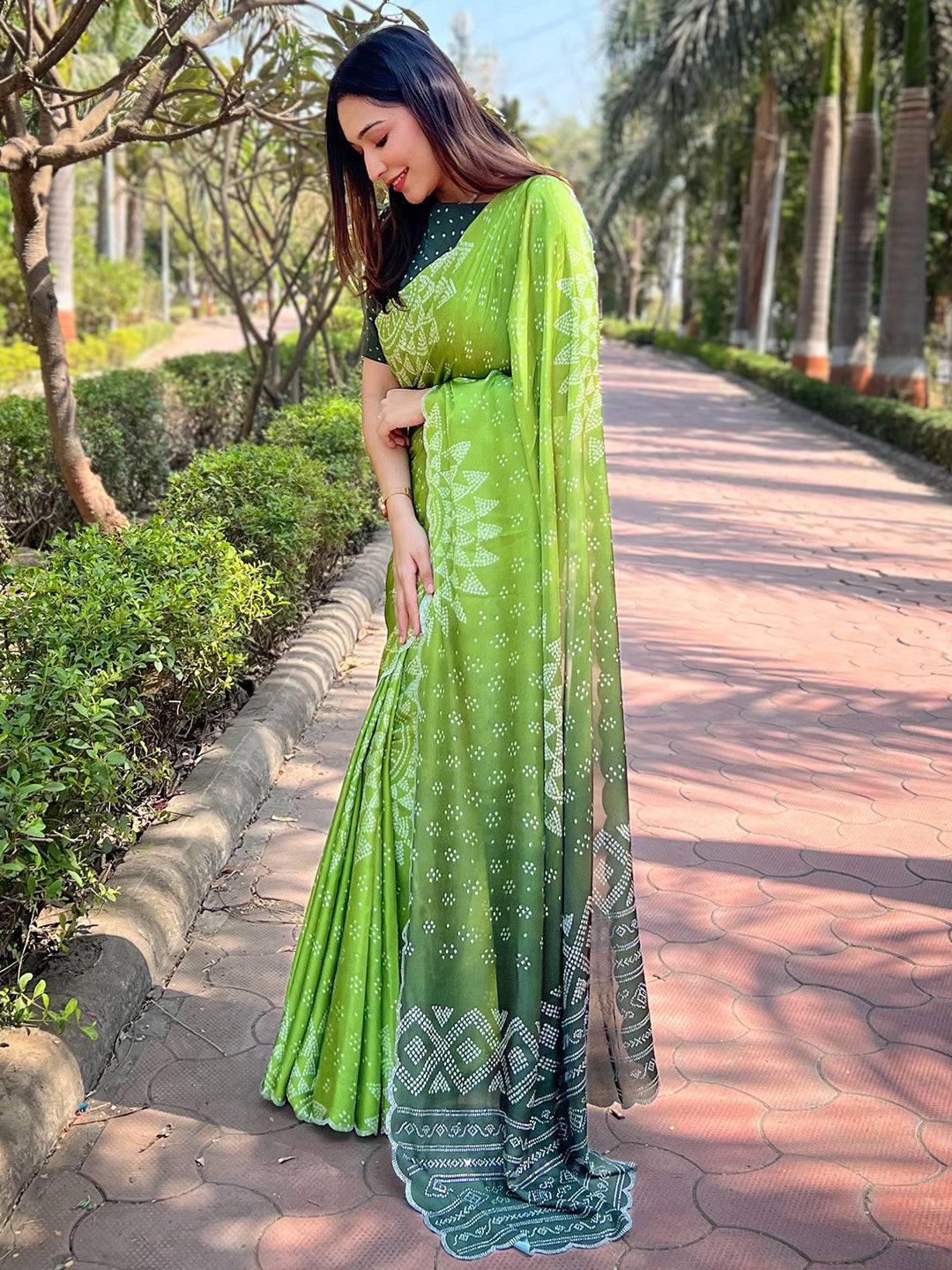 Green Georgette Silk Saree with Ombre Bandhej Print & Swaroski Stone Work by My Store