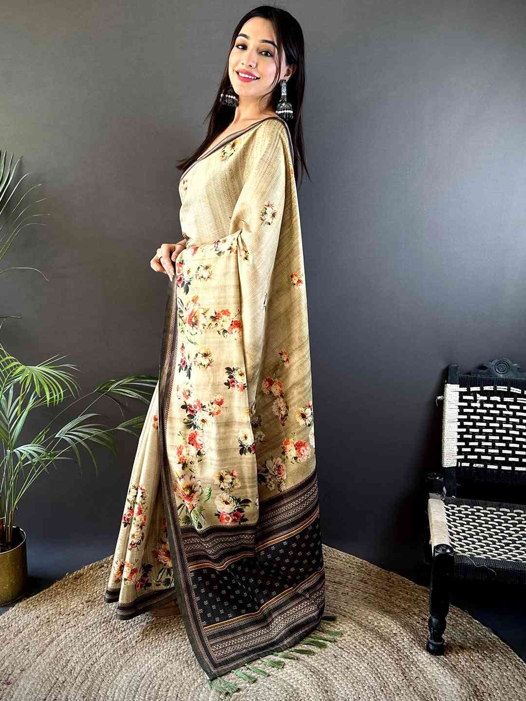 Floral Beauty in Beige Tussar Zari Saree by My Store