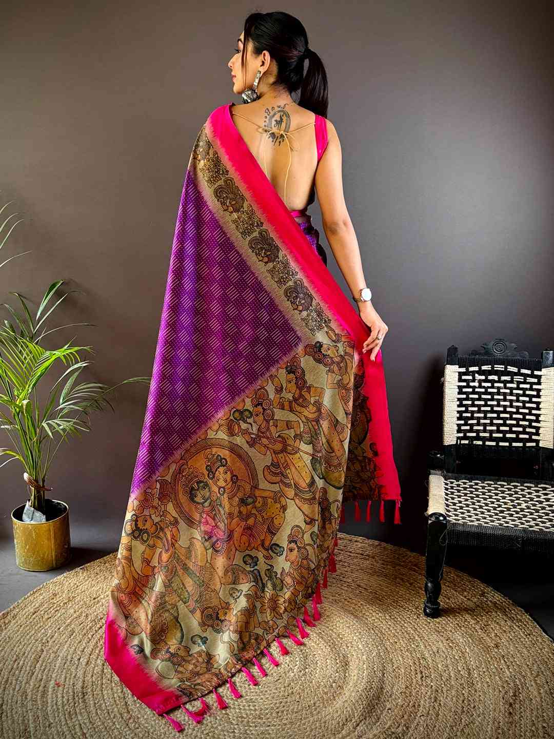 Purple Soft Silk Kalamkari Pallu Saree by My Store