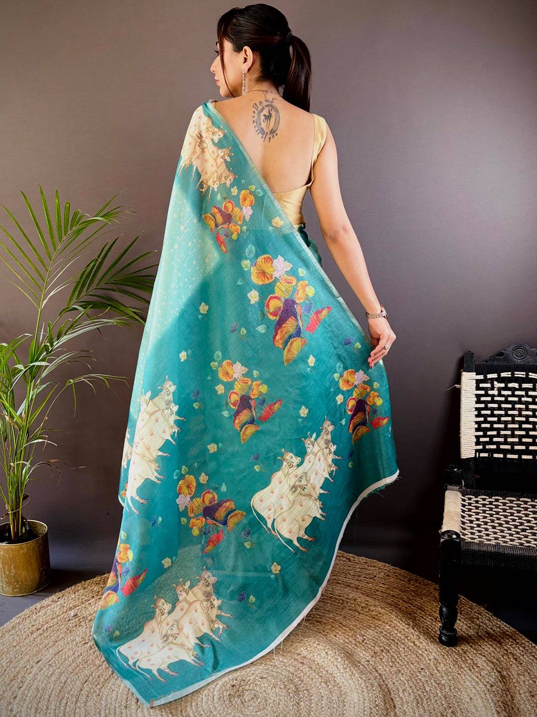 Sky Blue Chanderi Pichwai Print Saree by My Store