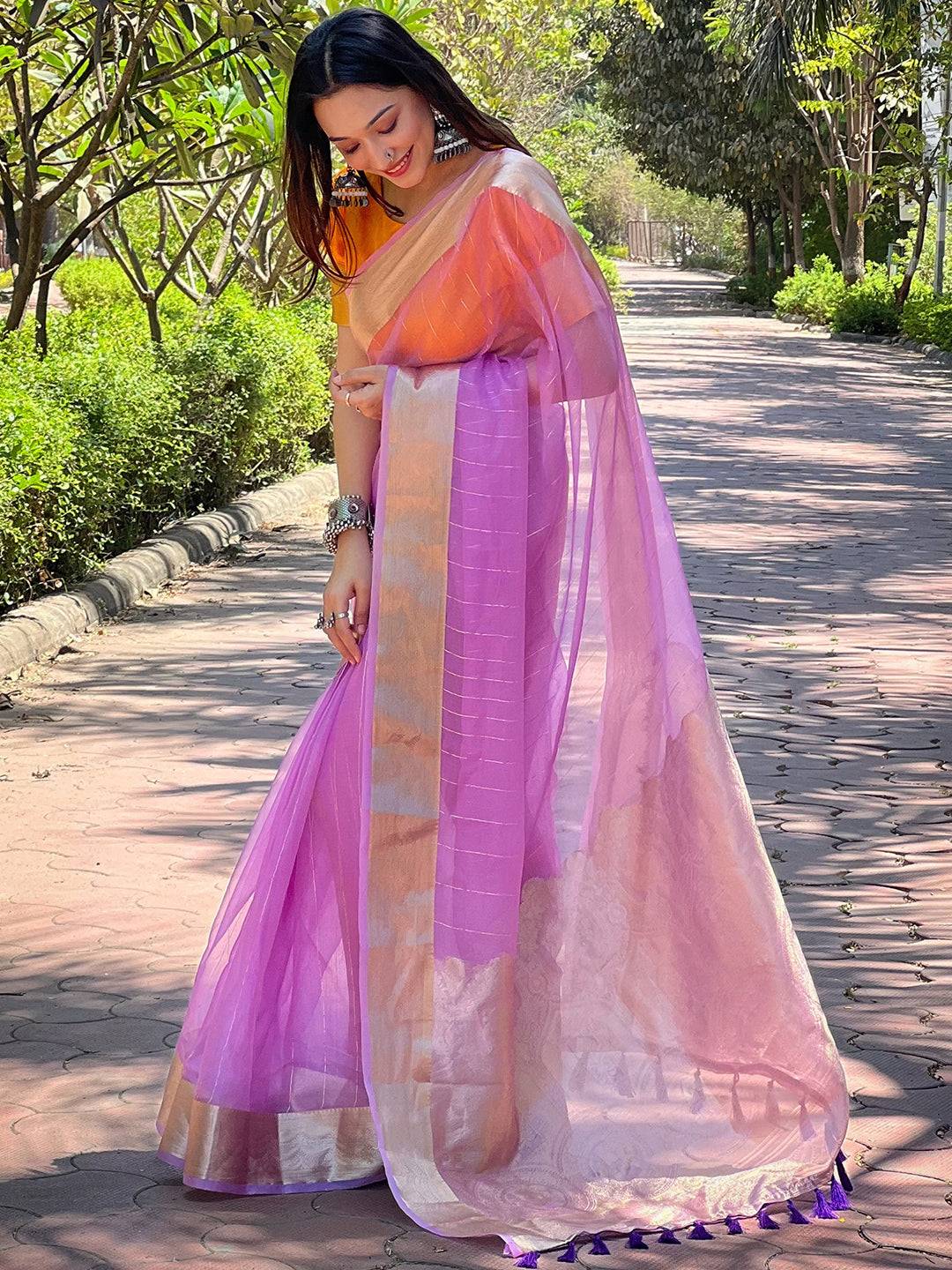 Purple Pure Viscose Organza Saree With Fine Gold Zari Weaving Border by My Store