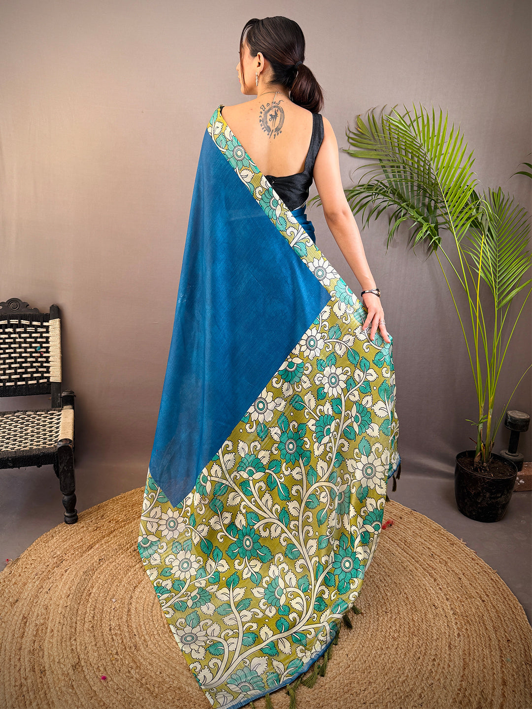 Teal Linen Kalamkari Print Saree by My Store